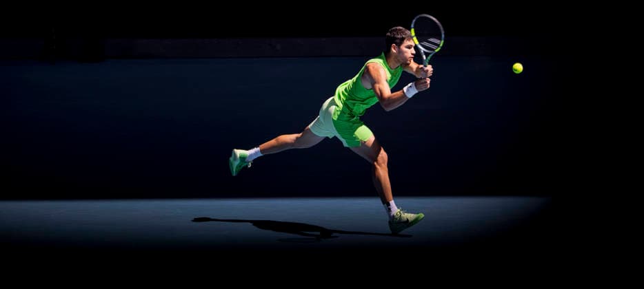 (260123) -- MELBOURNE, Jan. 23, 2026 -- Carlos Alcaraz of Spain hits a return during the men s singles 3rd round match against Corentin Moutet of France at the Australian Open tennis tournament in Melbourne, Australia, Jan. 23, 2026. (Photo by Xinhua) (SP)AUSTRALIA-MELBOURNE-TENNIS-AUSTRALIAN OPEN-MEN S SINGLES HuxJingchen 