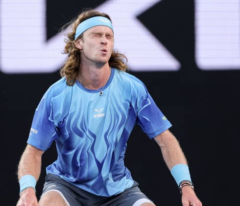 (260123) -- MELBOURNE, Jan. 23, 2026 -- Andrey Rublev reacts during the men s singles 3rd round match between Andrey Rublev of Russia and Francisco Cerundolo of Argentina at the Australian Open tennis tournament in Melbourne, Australia, Jan. 23, 2026. ) (SP)AUSTRALIA-MELBOURNE-TENNIS-AUSTRALIAN OPEN-MEN S SINGLES MaxPing 