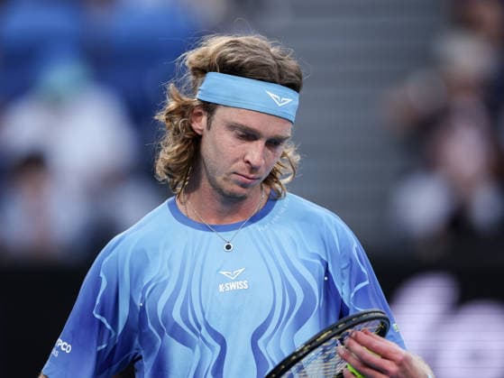 (260123) -- MELBOURNE, Jan. 23, 2026 -- Andrey Rublev reacts during the men s singles 3rd round match between Andrey Rublev of Russia and Francisco Cerundolo of Argentina at the Australian Open tennis tournament in Melbourne, Australia, Jan. 23, 2026. ) (SP)AUSTRALIA-MELBOURNE-TENNIS-AUSTRALIAN OPEN-MEN S SINGLES MaxPing 