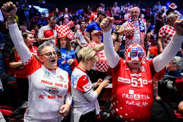 260123 Fans of Croatia ahead of the EHF European Handball Championship main round match between Iceland and Croatia on January 23, 2026 in Malmö. Photo: Petter Arvidson BILDBYRAN kod PA PA1134 handball handboll handball handbolls-em 2026 croatia kroatien island iceland ehf european handball championship bbeng grappa33 publik Copyright: PETTERxARVIDSON BB260123PA001