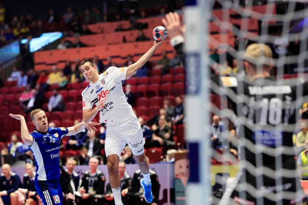 Iceland s Omar Ingi Magnusson and Croatia s Mateo Maras in action during the 2026 EHF European Men s Handball Championship (the EHF Euro 2026) match between Iceland and Croatia, at Malmo Arena in Malmo, Sweden, on January 23, 2026. MALMÖ SWEDEN x10600x