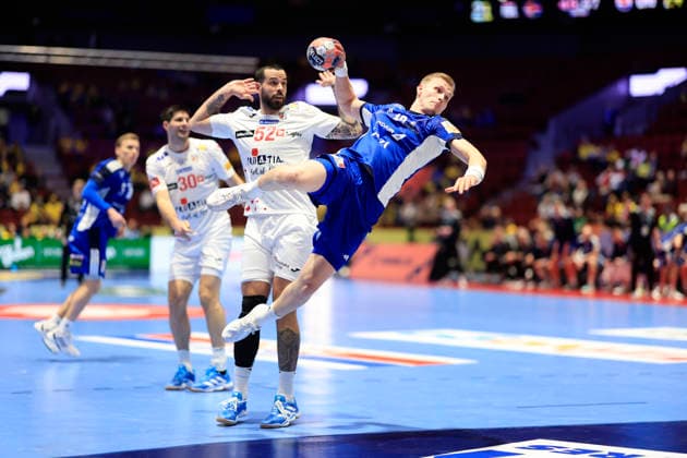 MALMÖ, SVERIGE 20260123 Croatia s Leon Susnja and Iceland s Ellidi Vidarsson in action during the 2026 EHF European Men s Handball Championship (the EHF Euro 2026) match between Iceland and Croatia , at Malmo Arena in Malmo, Sweden, on January 23, 2026. MALMÖ SVERIGE x10600x