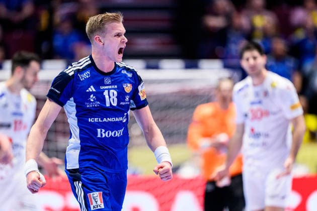 260123 Ellidi Vidarsson of Iceland celebrates during the EHF European Handball Championship main round match between Iceland and Croatia on January 23, 2026 in Malmö. Photo: Petter Arvidson BILDBYRAN kod PA PA1134 handball handboll handball handbolls-em 2026 croatia kroatien island iceland ehf european handball championship bbeng grappa33 jubel Copyright: PETTERxARVIDSON BB260123PA050