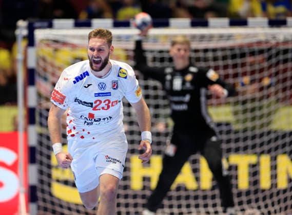 Croatia s in Zlatko Rauzan celebrates during the 2026 EHF European Men s Handball Championship (the EHF Euro 2026) match between Iceland and Croatia, at Malmo Arena in Malmo, Sweden, on January 23, 2026. MALMÖ SWEDEN x10600x