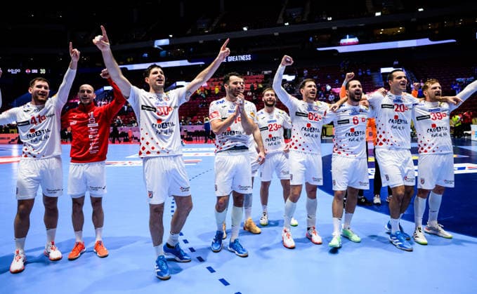260123 Players of Croatia celebrates after the EHF European Handball Championship main round match between Iceland and Croatia on January 23, 2026 in Malmö. Photo: Petter Arvidson BILDBYRAN kod PA PA1134 handball handboll handball handbolls-em 2026 croatia kroatien island iceland ehf european handball championship bbeng grappa33 jubel celebrates Copyright: PETTERxARVIDSON BB260123PA064
