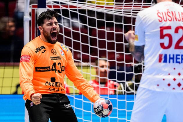 260123 Goalkeeper Dino Slavic of Croatia celebrates during the EHF European Handball Championship main round match between Iceland and Croatia on January 23, 2026 in Malmö. Photo: Petter Arvidson BILDBYRAN kod PA PA1134 handball handboll handball handbolls-em 2026 croatia kroatien island iceland ehf european handball championship bbeng grappa33 jubel celebrates Copyright: PETTERxARVIDSON BB260123PA074
