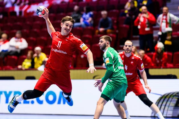 260123 Felix Aellen of Switzerland during the EHF European Handball Championship main round match between Switzerland and Hungary on January 23, 2026 in Malmö. Photo: Petter Arvidson BILDBYRAN kod PA PA1135 handball handboll handball handbolls-em 2026 croatia kroatien island iceland ehf european handball championship bbeng switzerland schweiz ungern hungary Copyright: PETTERxARVIDSON BB260123PA082
