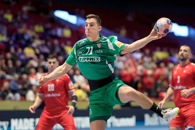 MALMÖ, SVERIGE 20260123 Hungary s Mate Onodi-Janoskuti in action during the 2026 EHF European Men s Handball Championship (the EHF Euro 2026) match between Switzerland and Hungary, at Malmo Arena in Malmo, Sweden, on January 23, 2026. MALMÖ SVERIGE x10600x