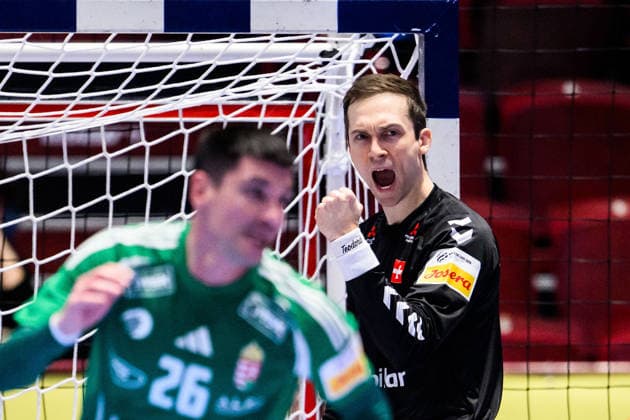 260123 Goalkeeper Nikola Portner of Switzerland celebrates during the EHF European Handball Championship main round match between Switzerland and Hungary on January 23, 2026 in Malmö. Photo: Petter Arvidson BILDBYRAN kod PA PA1135 handball handboll handball handbolls-em 2026 croatia kroatien island iceland ehf european handball championship bbeng switzerland schweiz ungern hungary jubel celebrates Copyright: PETTERxARVIDSON BB260123PA097