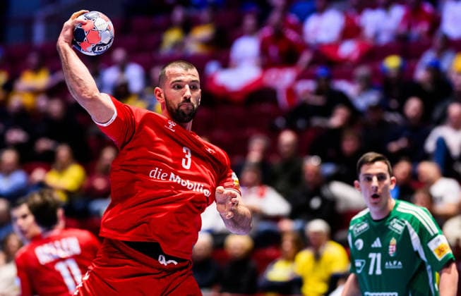 260123 Lucas Julien Meister of Switzerland during the EHF European Handball Championship main round match between Switzerland and Hungary on January 23, 2026 in Malmö. Photo: Petter Arvidson BILDBYRAN kod PA PA1135 handball handboll handball handbolls-em 2026 croatia kroatien island iceland ehf european handball championship bbeng switzerland schweiz ungern hungary Copyright: PETTERxARVIDSON BB260123PA098