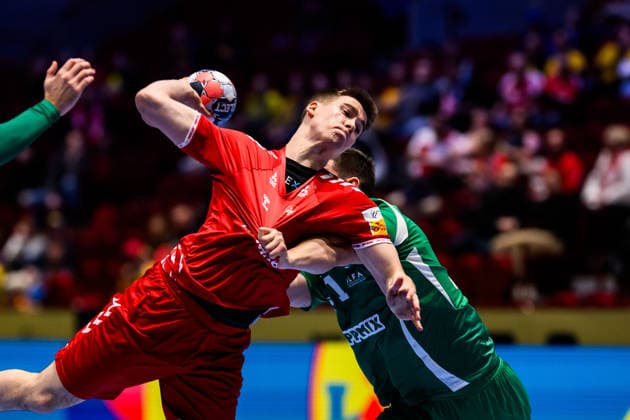 260123 Manuel Zehnder of Switzerland during the EHF European Handball Championship main round match between Switzerland and Hungary on January 23, 2026 in Malmö. Photo: Petter Arvidson BILDBYRAN kod PA PA1135 handball handboll handball handbolls-em 2026 croatia kroatien island iceland ehf european handball championship bbeng switzerland schweiz ungern hungary Copyright: PETTERxARVIDSON BB260123PA099
