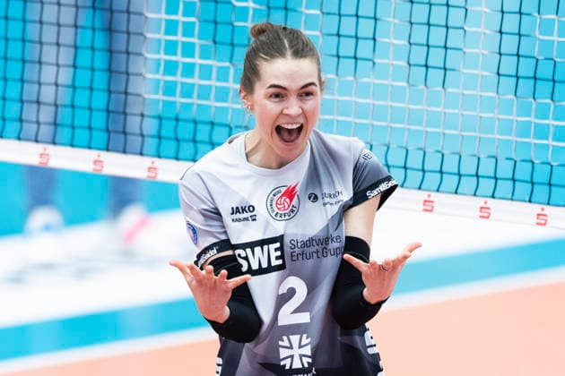 1. Volleyball Bundesliga Frauen: Schwarz-Weiss Erfurt vs. VC Wiesbaden; Erfurt; 23.01.2026 Jubel, Elizabeth Sandbothe ( 2; Schwarz-Weiss Erfurt) 1. Volleyball Bundesliga Frauen: Schwarz-Weiss Erfurt vs. VC Wiesbaden; Riethsporthalle Erfurt; 23.01.2026 Copyright: xBEAUTIFULxSPORTS Duehringx