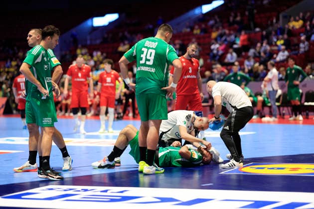 Hungary s Adrian Sipos injured in action during the 2026 EHF European Men s Handball Championship (the EHF Euro 2026) match between Switzerland and Hungary, at Malmo Arena in Malmo, Sweden, on January 23, 2026. MALMÖ SWEDEN x10600x