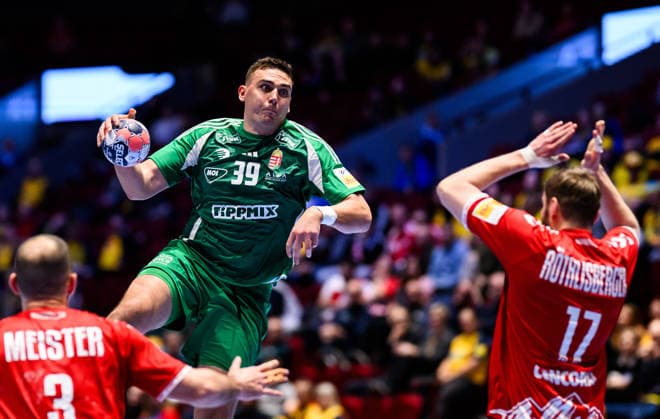 260123 Richard Bodo of Hungary during the EHF European Handball Championship main round match between Switzerland and Hungary on January 23, 2026 in Malmö. Photo: Petter Arvidson BILDBYRAN kod PA PA1135 handball handboll handball handbolls-em 2026 croatia kroatien island iceland ehf european handball championship bbeng switzerland schweiz ungern hungary Copyright: PETTERxARVIDSON BB260123PA123