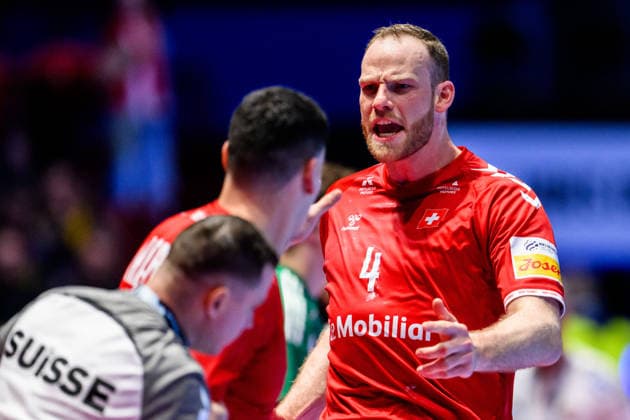 260123 Lenny Rubin of Switzerland celebrates after 6-4 during the EHF European Handball Championship main round match between Switzerland and Hungary on January 23, 2026 in Malmö. Photo: Petter Arvidson BILDBYRAN kod PA PA1135 handball handboll handball handbolls-em 2026 croatia kroatien island iceland ehf european handball championship bbeng switzerland schweiz ungern hungary jubel celebrates Copyright: PETTERxARVIDSON BB260123PA124
