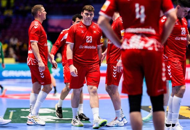 260123 Lukas Laube of Switzerland looks dejected after the EHF European Handball Championship main round match between Switzerland and Hungary on January 23, 2026 in Malmö. Photo: Petter Arvidson BILDBYRAN kod PA PA1135 handball handboll handball handbolls-em 2026 croatia kroatien island iceland ehf european handball championship bbeng switzerland schweiz ungern hungary depp Copyright: PETTERxARVIDSON BB260123PA126