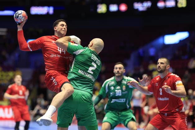 MALMÖ, SVERIGE 20260123 Switzerland s Mehdi Ben Romdhane and Hungary s Adrian Sipos in action during the 2026 EHF European Men s Handball Championship (the EHF Euro 2026) match between Switzerland and Hungary, at Malmo Arena in Malmo, Sweden, on January 23, 2026. MALMÖ SVERIGE x10600x