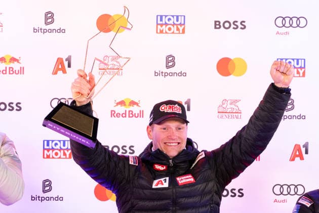 ALPINE SKIING - FIS WC Kitzbuehel KITZBUEHEL,AUSTRIA,23.JAN.26 - ALPINE SKIING - FIS World Cup, Hahnenkamm-race, Super G, men, award ceremony. Image shows the rejoicing of Stefan Babinsky (AUT).  GEPAxpictures xMarioxBuehner-Weinrauch