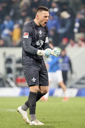 23.01.2026, xtvx, Fussball 2.Bundesliga, SV Darmstadt 98 - 1.FC Nürnberg v.l. Goal scored, Tor zum 1:0 Hiroki Akiyama (SV Darmstadt 98) Torjubel, Goal celebration, celebrate the goal, celebrates scoring Torwart Marcel Schuhen (SV Darmstadt 98) (DFL DFB REGULATIONS PROHIBIT ANY USE OF PHOTOGRAPHS as IMAGE SEQUENCES and or QUASI-VIDEO) Darmstadt