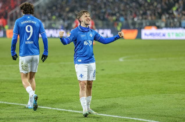 GER, Darmstadt, SV Darmstadt 98 vs 1. FC Nürnberg, 2. Bundesliga, Fussball, DFB, Spielzeit 2025 2026, Merck-Stadion am Böllenfalltor, 19. Spieltag im Bild: Luca Marseiler (SV Darmstadt 98 8), erzielt das 2:0, Tor und Jubel, Freude, Emotionen DFB DFL REGULATIONS PROHIBIT ANY USE OF PHOTOGRAPHS AS IMAGE SEQUENCES AND OR QUASI-VIDEO, 23.01.2026