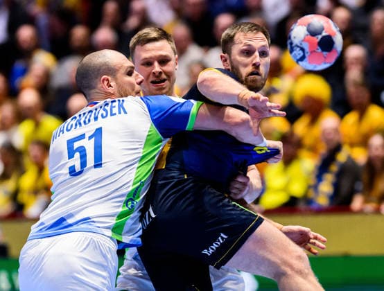 260123 Borut Mackovsek of Slovenia and Albin Lagergren of Sweden during the EHF European Handball Championship main round match between Slovenia and Sweden on January 23, 2026 in Malmö. Photo: Petter Arvidson BILDBYRAN kod PA PA1136 handball handboll handball handbolls-em 2026 sverige sweden slovenia slovenien ehf european handball championship bbeng Copyright: PETTERxARVIDSON BB260123PA151
