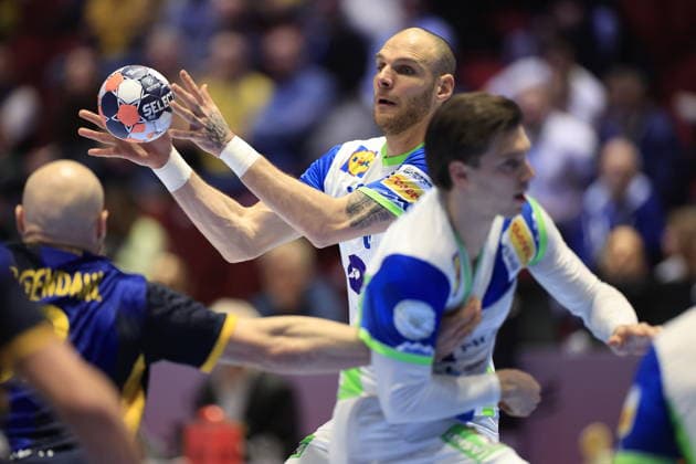 Slovenia s Borut Mackovsek in action during the 2026 EHF European Men s Handball Championship (the EHF Euro 2026) match between Slovenia and Sweden, at Malmo Arena in Malmo, Sweden, on January 23, 2026. MALMÖ SWEDEN x10600x
