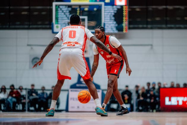 BB-2BL SBB Baskets - Rheinstars Koeln Cedric Cezell Russell Jr (Rheinstars Koeln), Trey Thompson Stewart (SBB Baskets) waehrend der Saison 2025-2026 in der 2. Barmer Basketball Bundesliga Pro A am 19. Spieltag SBB Baskets und Rheinstars Koeln in der Wolfgang-Lakenmacher-Halle am 23. January 2026 in Magdeburg, Sachsen Anhalt, Deutschland