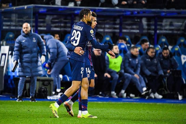 FOOTBALL : AJ Auxerre vs Paris SG - Ligue 1 - JournÃ e 19 - 23 01 2026 Joie des joueurs du Paris SG aprÃ s le but de Bradley Barcola (Paris SG) AuxerreFrance  Copyright: xBaptistexAutissierx