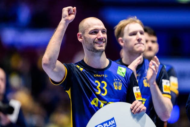 260123 Lukas Sandell of Sweden celebrates after the EHF European Handball Championship main round match between Slovenia and Sweden on January 23, 2026 in Malmö. Photo: Petter Arvidson BILDBYRAN kod PA PA1136 handball handboll handball handbolls-em 2026 sverige sweden slovenia slovenien ehf european handball championship bbeng jubel Copyright: PETTERxARVIDSON BB260123PA271