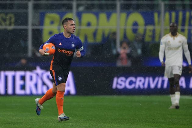 Milan, Italy, 23rd January 2026. Lautaro Martinez of FC Internazionale celebrates after scoring to level the game at 2-2 during the Internazionale vs Pisa SC Serie A match at Giuseppe Meazza, Milan. Picture credit should read: Jonathan Moscrop Sportimage EDITORIAL USE ONLY. No use with unauthorised audio, video, data, fixture lists, club league logos or live services. Online in-match use limited to 120 images, no video emulation. No use in betting, games or single club league player publications. SPI_098_JM_INTER_PISA_ SPI-4419-0098