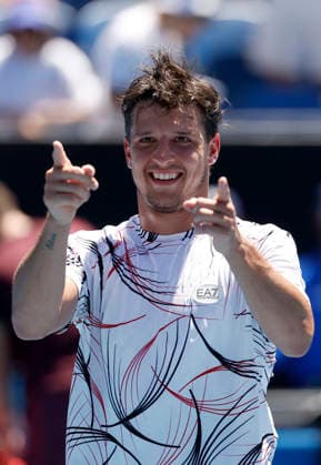 TENNIS AUSTRALIAN OPEN, Luciano Darderi of Italy celebrates winning the Men™s 3rd round match against Karen Khachanov of Russia on day 7 of the 2026 Australian Open tennis tournament at Melbourne Park in Melbourne, Saturday, January 24, 2026. ( NO ARCHIVING MELBOURNE VICTORIA AUSTRALIA  Copyright: xROBxPREZIOSOx 20260124187758766991
