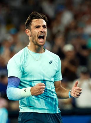TENNIS AUSTRALIAN OPEN, Lorenzo Musetti of Italy celebrates winning the Men™s 3rd round match against Tomas Machac of the Czech Republic on day 7 of the 2026 Australian Open tennis tournament at Melbourne Park in Melbourne, Saturday, January 24, 2026. ( NO ARCHIVING MELBOURNE VICTORIA AUSTRALIA  Copyright: xROBxPREZIOSOx 20260124150332295762