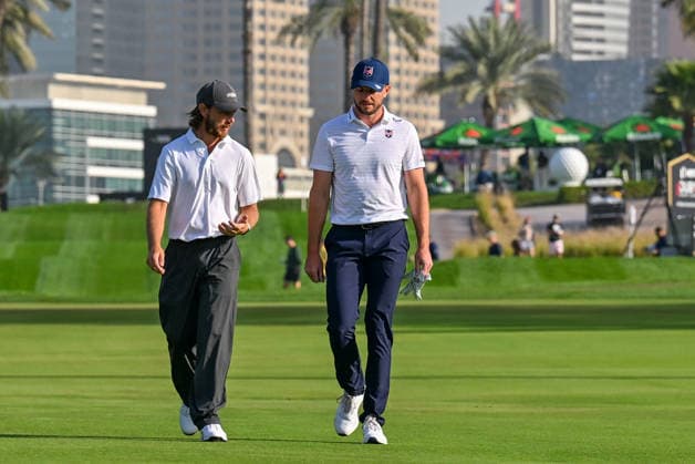 Hero Dubai Desert Classic 2026 DUBAI, UAE - JANUARY 24: British golfer Tommy Fleetwood (L) and South African Laurie Canter (R) take to the course to compete in the third round of the Hero Dubai Desert Classic 2026 at Emirates Golf Club in Dubai, United Arab Emirates on January 24, 2026. Waleed Zein Anadolu Dubai United Arab Emirates. Editorial use only. Please get in touch for any other usage.  Copyright: x2026xAnadoluxWaleedxZeinx