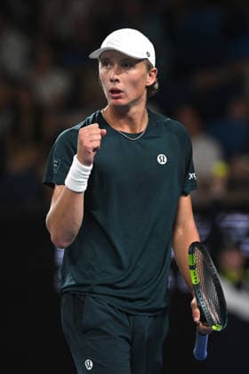 TENNIS AUSTRALIAN OPEN, Ethan Quinn of USA reacts during the Men™s 3rd round match against Jakub Mensik of Czech Republic on day 7 of the 2026 Australian Open tennis tournament at Melbourne Park in Melbourne, Saturday, January 24, 2026. ( NO ARCHIVING MELBOURNE VICTORIA AUSTRALIA  Copyright: xLUKASxCOCHx 20260124174904044050