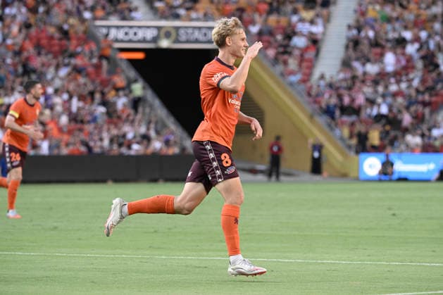 24th January 2026; Suncorp Stadium, Brisbane, Queensland, Australia: A League Football, Brisbane Roar versus Adelaide United; Sam Klein of Brisbane Roar celebrates his goal after scoring in the 41st minute to make it 1-0  NigelxOwen Content restricted for UK based newspaper