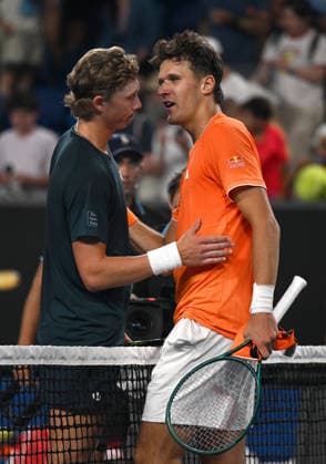 TENNIS AUSTRALIAN OPEN, Jakub Mensik of Czech Republic (r0 celebrates winning the Men™s 3rd round match against Ethan Quinn of USA on day 7 of the 2026 Australian Open tennis tournament at Melbourne Park in Melbourne, Saturday, January 24, 2026. ( NO ARCHIVING MELBOURNE VICTORIA AUSTRALIA  Copyright: xLUKASxCOCHx 20260124174867239326