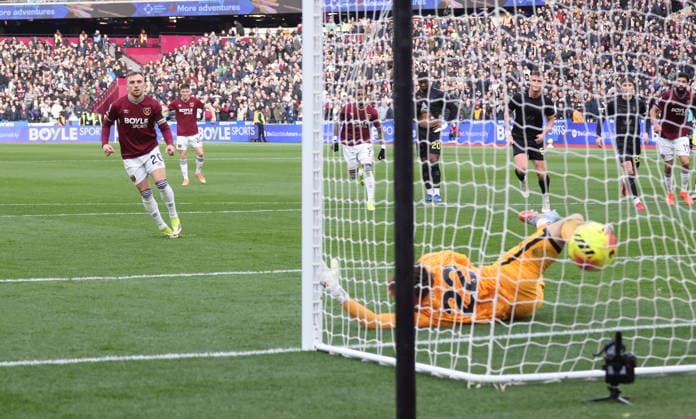 Jarrod Bowen (WHU) scores from the penalty spot for the second West Ham goal (2-0) at the West Ham United v Sunderland EPL match, at the London Stadium, London, UK on 24th January, 2026. 