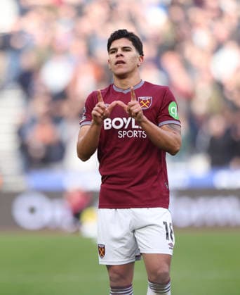 Mateus Fernandes (WHU) celebrates scoring the third West Ham goal (3-0) at the West Ham United v Sunderland EPL match, at the London Stadium, London, UK on 24th January, 2026. 