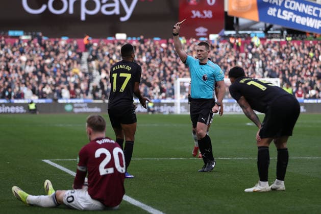 24th January 2026; London Stadium, London, England; Premier League Football, West Ham United versus Sunderland; Reinildo Mandava of Sunderland receives a yellow card for a foul on Jarrod Bowen of West Ham United  KatiexChan Content restricted for UK based newspaper