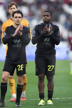 24th January 2026; London Stadium, London, England; Premier League Football, West Ham United versus Sunderland; Noah Sadiki and Enzo Le Fee of Sunderland thanking the fans after the match  KatiexChan Content restricted for UK based newspaper