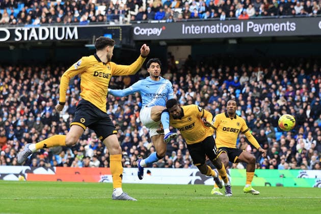 24th January 2026; Etihad Stadium, Manchester, Lancashire, England; Premier League Football, Manchester City versus Wolverhampton Wanderers; Omar Marmoush of Manchester City scores for 1-0 after 6 minutes  DavidxBlunsden Content restricted for UK based newspaper