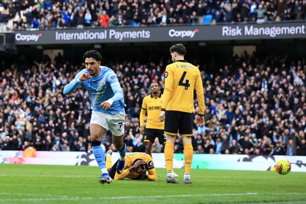 24th January 2026; Etihad Stadium, Manchester, Lancashire, England; Premier League Football, Manchester City versus Wolverhampton Wanderers; Omar Marmoush of Manchester City celebrates after scoring for 1-0 after 6 minutes  DavidxBlunsden Content restricted for UK based newspaper