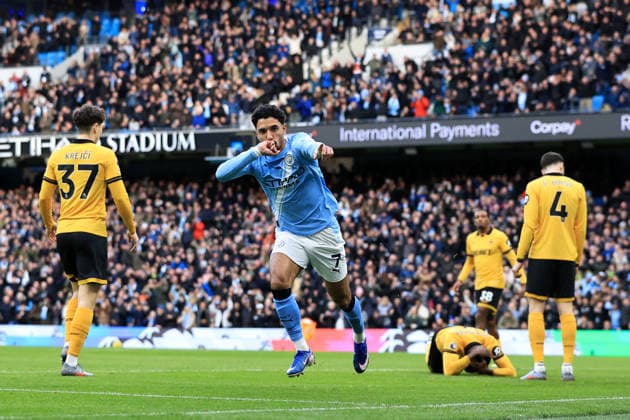24th January 2026; Etihad Stadium, Manchester, Lancashire, England; Premier League Football, Manchester City versus Wolverhampton Wanderers; Omar Marmoush of Manchester City celebrates after scoring for 1-0 after 6 minutes  DavidxBlunsden Content restricted for UK based newspaper