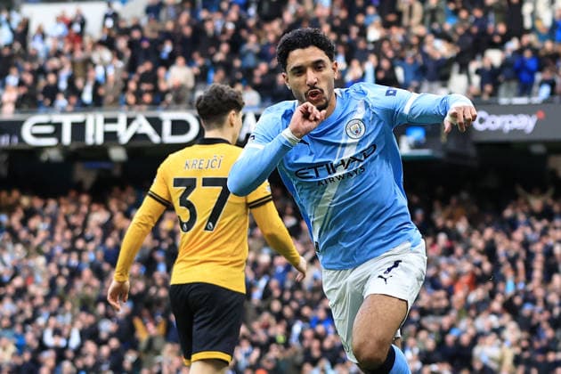 24th January 2026; Etihad Stadium, Manchester, Lancashire, England; Premier League Football, Manchester City versus Wolverhampton Wanderers; Omar Marmoush of Manchester City celebrates after scoring for 1-0 after 6 minutes  DavidxBlunsden Content restricted for UK based newspaper