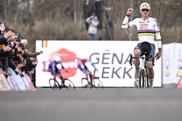 Dutch Mathieu Van Der Poel and pictured as he crosses the finish line of the men s elite race at the World Cup cyclocross cycling event in Maasmechelen, Belgium, stage 11 (out of 12) of the UCI World Cup cyclocross competition, Saturday 24 January 2026. JASPERxJACOBS  x158276512x