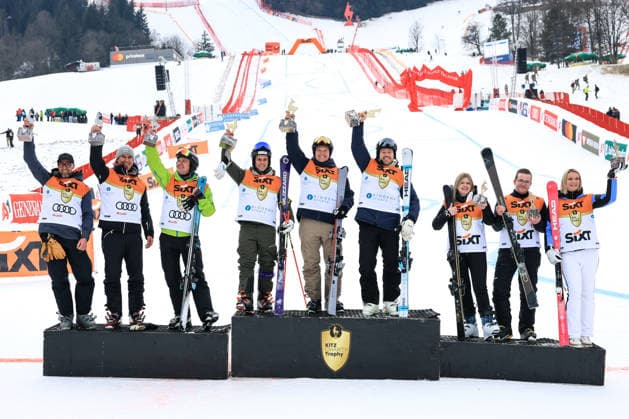 ALPINE SKIING - FIS WC Kitzbuehel KITZBUEHEL,AUSTRIA,24.JAN.26 - ALPINE SKIING - FIS World Cup, Hahnenkamm-race, side event, Kitz Charity Trophy. Image shows the rejoicing of the teams of Audi, Biogena and SIxt1.  GEPAxpictures xMarioxBuehner-Weinrauch
