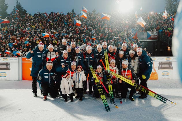 BIATHLON - IBU WC Nove Mesto NOVE MESTO,CZECH REPUBLIC,24.JAN.26 - BIATHLON - IBU World Cup, 4x6 Mixed Relay. Image shows the rejoicing of team czechia.  GEPAxpictures xAlexanderxSolc