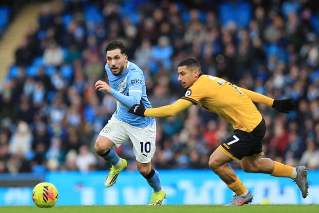24th January 2026; Etihad Stadium, Manchester, Lancashire, England; Premier League Football, Manchester City versus Wolverhampton Wanderers; Rayan Cherki of Manchester City takes on Andre of Wolverhampton Wanderers  DavidxBlunsden Content restricted for UK based newspaper