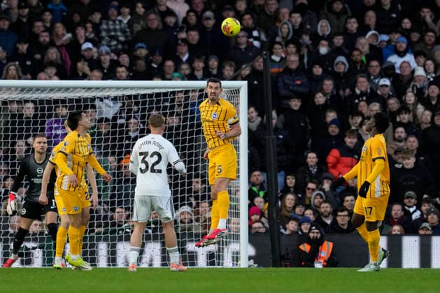 Fulham v Brighton and Hove Albion, Premier League Brighton & Hove Albion manager defender Lewis Dunk (5) heads clear during the Premier League match between Fulham and Brighton and Hove Albion at Craven Cottage, London, UK on 24 January 2026. London Craven Cottage Greater London UK Editorial use only DataCo restrictions apply See www.football-dataco.com , Copyright: xStephenxFlynnx PSI-23616-0119