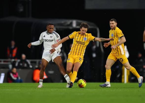 24th January 2026; Craven Cottage, Fulham, London, England; Premier League Football, Fulham versus Brighton and Hove Albion; Olivier Boscagli of Brighton &amp; Hove Albion under pressure from Samuel Chukwueze of Fulham  JohnxPatrickxFletcher Content restricted for UK based newspaper